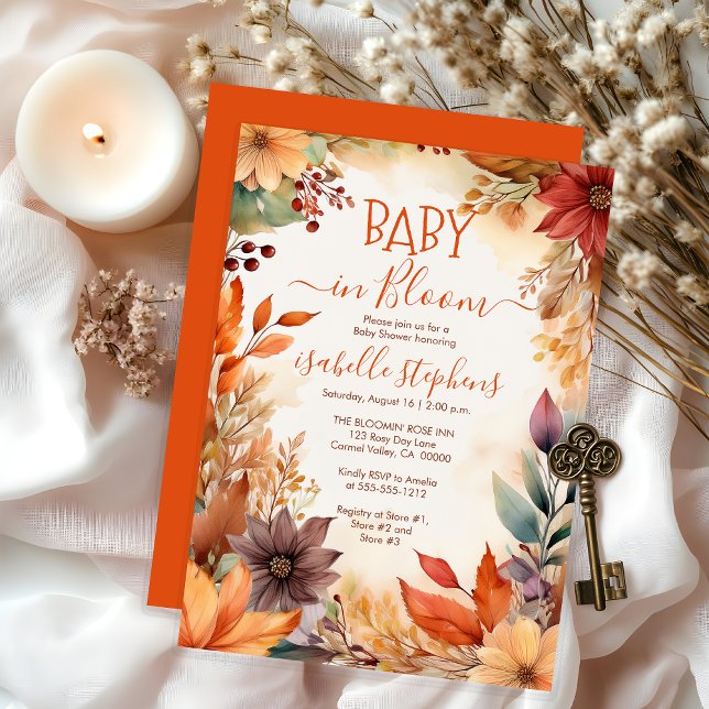 Convite Bebê no Bloom Fall Floral Frame Chá de fraldas (Boho Baby in Bloom Fall Floral Frame Baby Shower Invitation - Burnt Orange - Print | Digital )