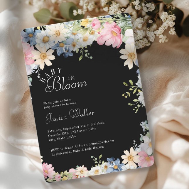 Convite BEBÊ NO BLOOM! Flor selvagem, Chá de fraldas (BABY IN BLOOM! Wildflower, Watercolor, White + Pastel, Baby Shower Invitation.)