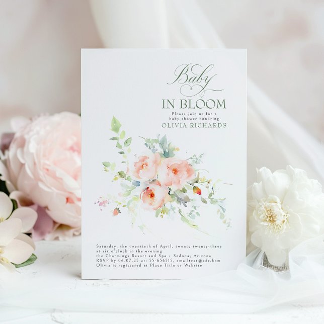 Convite Bebê No Bloom Floral Elegante Chá de fraldas (Pink Floral Baby In Bloom Baby Shower Invitation)
