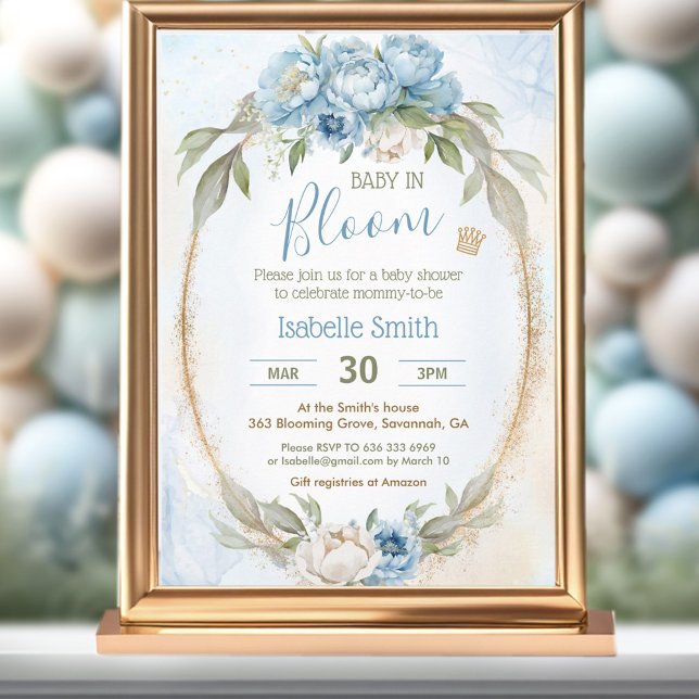 Convite Bebê No Bloom Floral Elegante Chá de fraldas Azul (Baby In Bloom Floral Elegant Blue Boy Baby Shower Invitation)