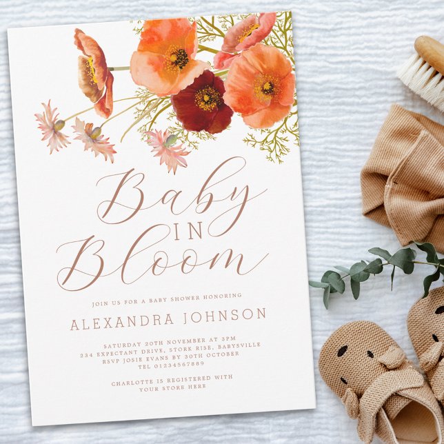 Convite Bebê no Bloom Floral Fall Chá de fraldas (Boho fall floral baby shower invitation elegant script watercolor flowers orange brown terracotta )