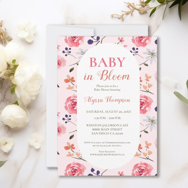 Convite Bebê No Bloom Floral Rosa Chá de fraldas Personali (Elegant Baby in bloom watercolor floral pink baby shower invitation)