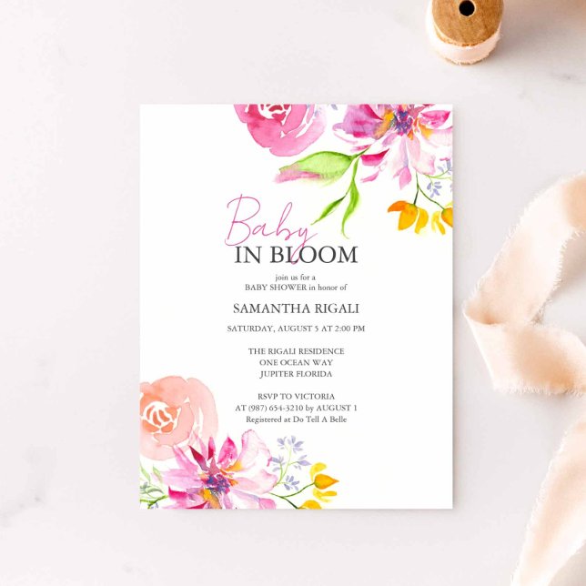 Convite Bebê No Bloom Floral Watercolor Chá (Pink floral baby shower invitation features unique watercolor art by Victoria Grigaliunas)