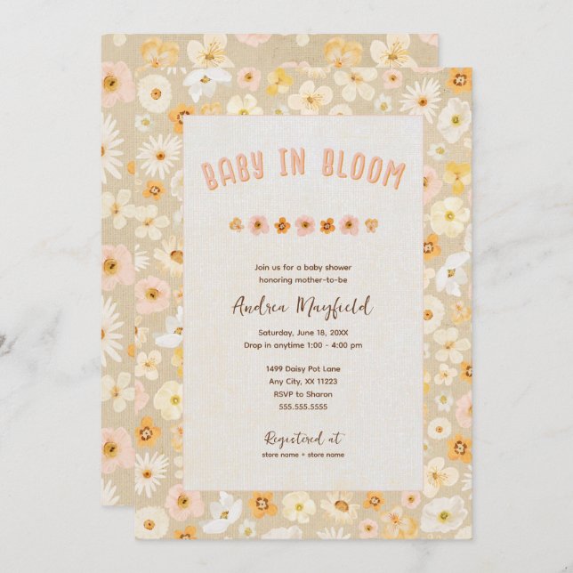 Convite Bebê no Bloom Flores Prensadas chá de fraldas (Frente/Verso)