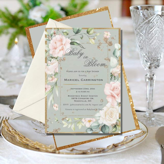 Convite Bebê no Bloom Green Floral Elegante Chá de fraldas (Criador carregado)