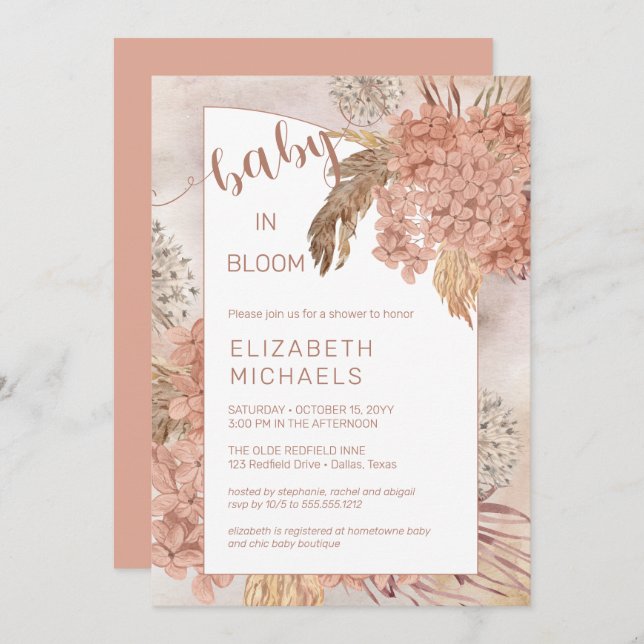 Convite Bebê no Bloom Pampas Grass e Chá Hydrangeas (Frente/Verso)