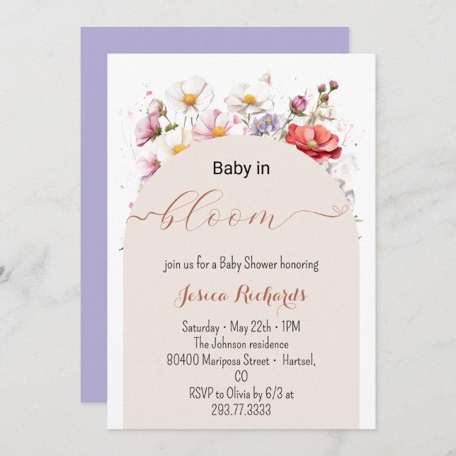 Convite Bebê no Bloom Primavera Verão Chá de fraldas Flora (Frente/Verso)
