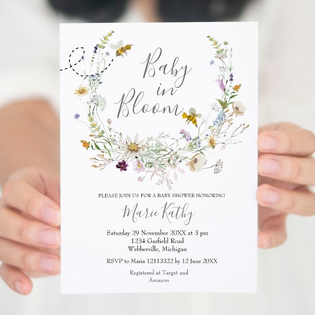Convite Bebê no Bloom Rustic Bee Wildflower Invitation (Criador carregado)