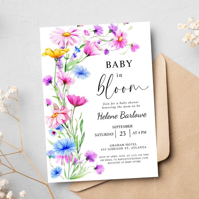 Convite Bebê no Bloom Rustic Boho Chá de fraldas (Baby in Bloom Wildflower Rustic Boho Baby Shower Invitation)