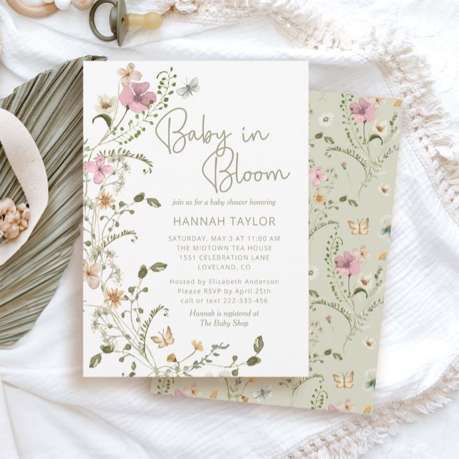 Convite Bebê no Bloom Sage Green Floral Girl Chá de fralda (baby in bloom spring baby shower invitations)
