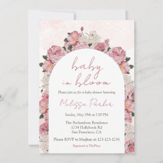 Convite Bebê no Bloom Script de Chá de fraldas Floral Rosa