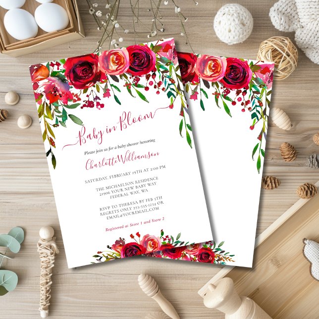 Convite Bebê No Bloom Watercolor Floral Girl Chá (Baby In Bloom Watercolor Floral Girl Shower Invitation)