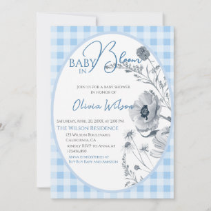 Convite Bebê No Bloomo Gingham Floral Chá de fraldas Azul