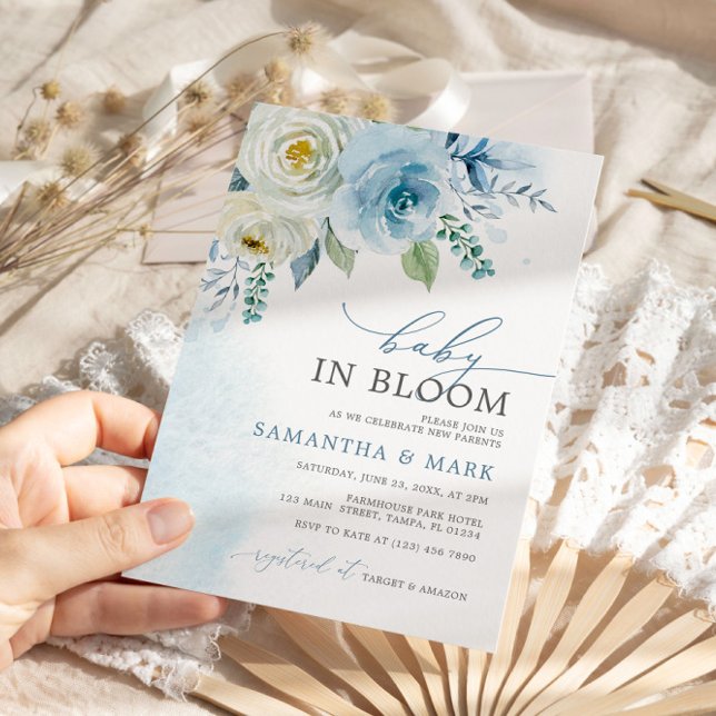 Convite Bebê no Blosty Rosa Azul Chá de fraldas Floral (Criador carregado)