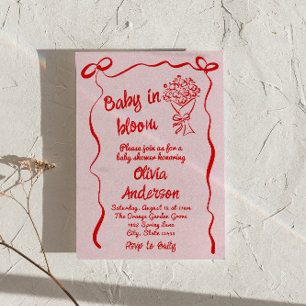 Convite Bebê no Chá de Buquê de Flor Vermelho Cor-de-Rosa 