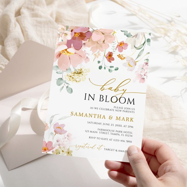 Convite Bebê no Chá de flores silvestres rosa e vermelha (Criador carregado)