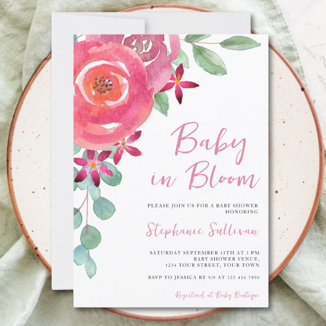 Convite Bebê no Chá de fraldas da Bloom Floral Girl (Criador carregado)