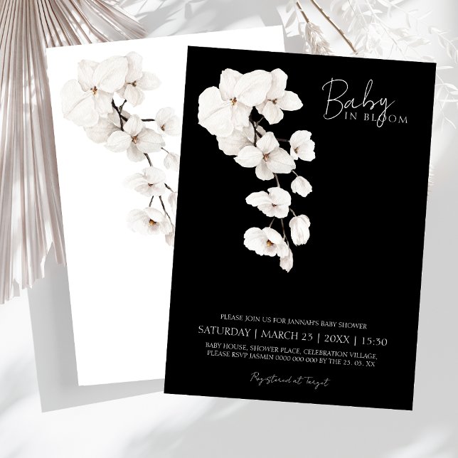 Convite Bebê no Chá de fraldas das Orquídeas Negra e Branc (Baby in Bloom! Modern Black and White Orchids Flowers Baby Shower Invitation)