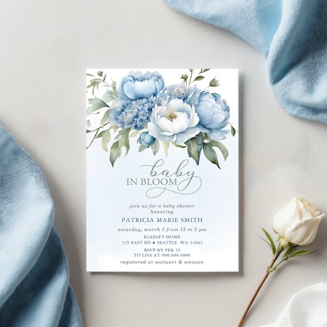 Convite Bebê no Chá de fraldas de Bloom Blue Floral Boy (Baby in Bloom Blue Floral Boy Baby Shower Invitation)