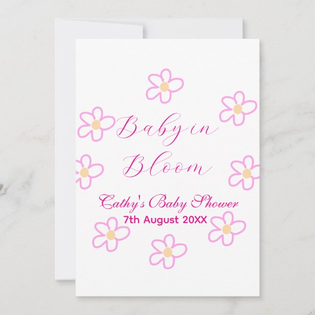 Convite Bebê no chá de fraldas de flor rosa, simples elega (Frente)