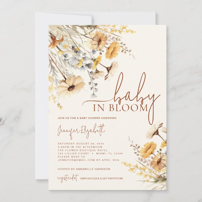 Convite Bebê no Chá de fraldas de flor selvagem de Bloom (Frente)