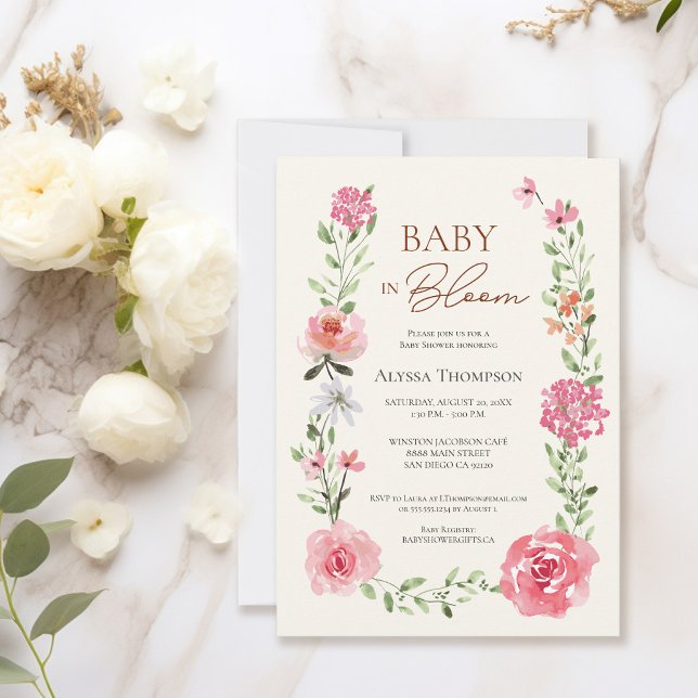 Convite Bebê no Chá de fraldas de Flores de Água Bloom (Baby In bloom baby shower invitation watercolor flowers.)