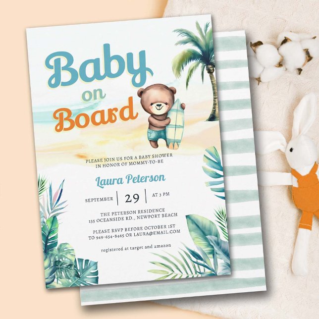 Convite Bebê no Chá de fraldas de Surf Tropical de Rapaz T (baby on board surf beach tropical paradise baby boy shower invitation cute watercolor illustration)