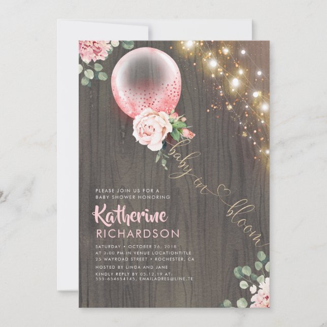 Convite Bebê no Chá de fraldas Dourado de Balão Rosa (Frente)