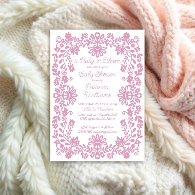 Convite Bebê no chá de fraldas mexicano cor-de-rosa empoei (Baby in bloom dusty pink Mexican baby shower Invitation cards template vintage retro floral border)