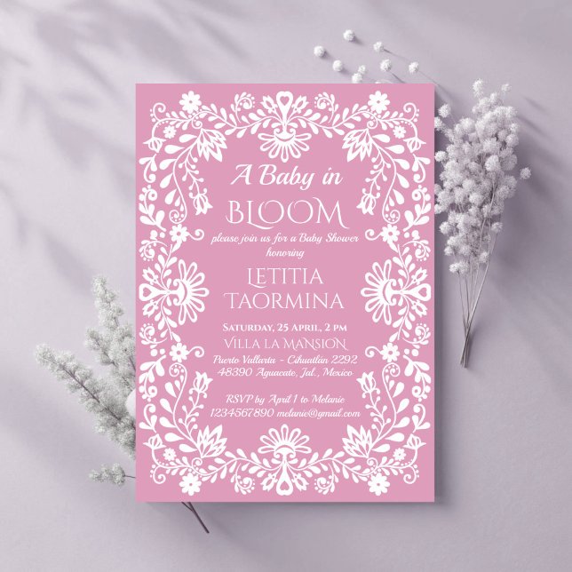 Convite Bebê no chá de fraldas mexicano cor-de-rosa empoei (Baby in bloom dusty pink Mexican baby shower Invitation cards template pink baby girl invites)