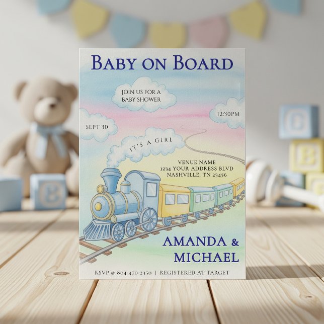 Convite Bebê no Conselho Chá de fraldas do comboio de aqua (Baby on Board Watercolor Train Baby Shower Invitation
)
