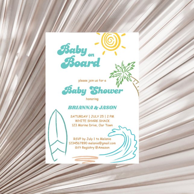 Convite Bebê no conselho retro chá de fraldas de surfe (Baby on board retro doodle sketch summer surfing baby shower invitation template instant download)