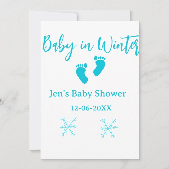 Convite Bebê no inverno chá de fraldas pés de bebê azul fl (Frente)
