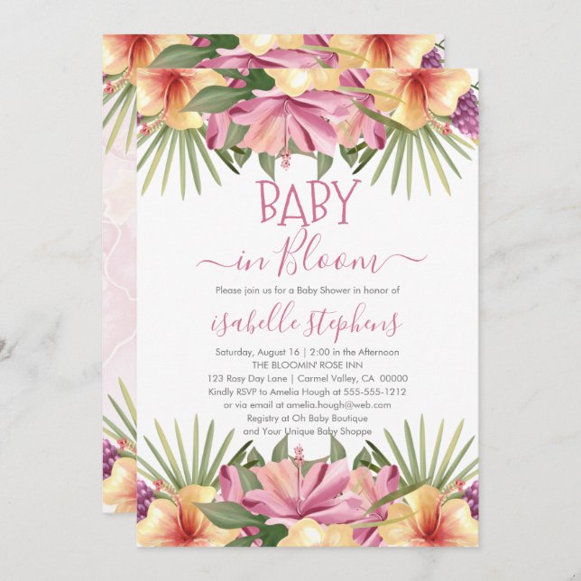 Convite Bebê no Sangue - Chá de fraldas Tropical Rosa Inv (Frente/Verso)