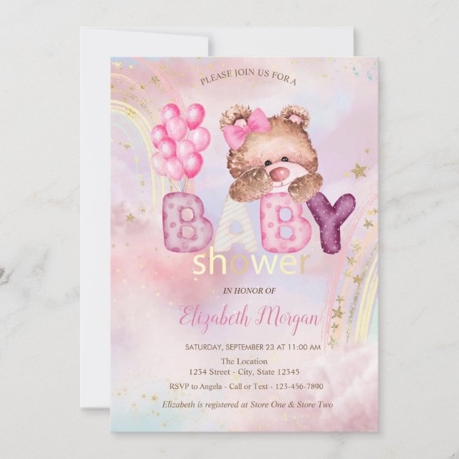 Convite Bebê Nuvem Balões Urso de Pelúcia Chá de Bebê (Frente)