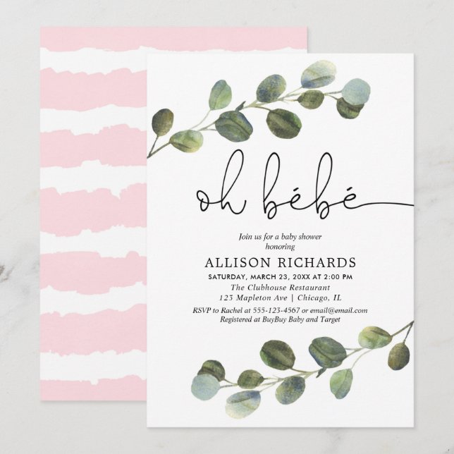 Convite Bebe o tema francês rosa negra branca bebê (Frente/Verso)