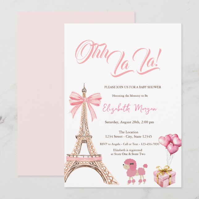 Convite Bebê Olá Torre Eiffel Laço Rosa Presente Poodle (Frente/Verso)