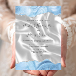 Convite Bebê Pastel Azul Prata Ágata Seda Branca Casamento