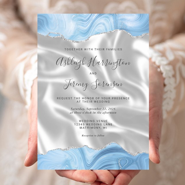 Convite Bebê Pastel Azul Prata Ágata Seda Branca Casamento (Criador carregado)