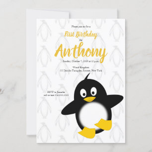 Convite Bebê Pinguim Amarelo Negro Primeiro Aniversário