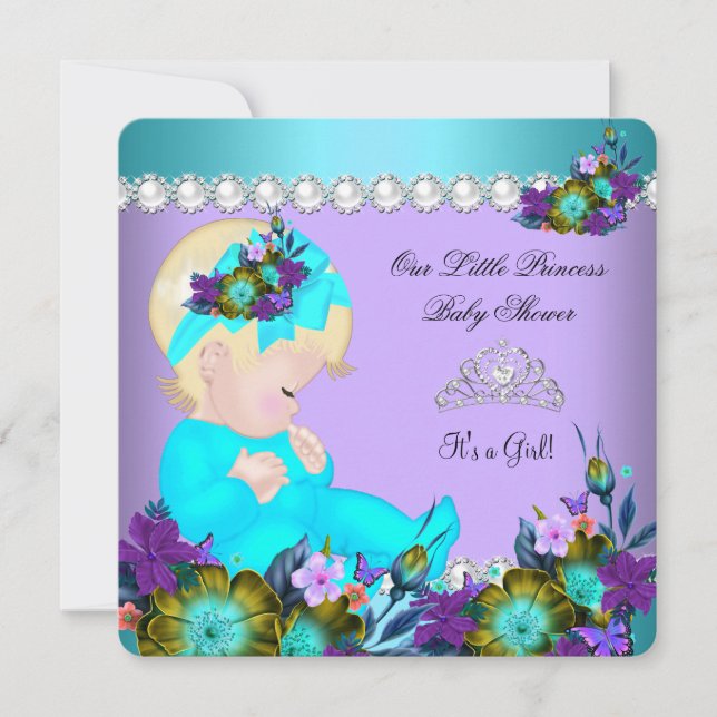 Convite Bebê Princesa Chuveiro Menina Azul Teal Roxo Loira (Frente)