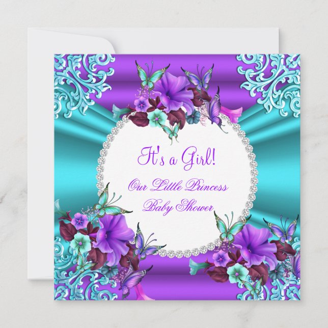 Convite Bebê Princesa Chuveiro Menina Azul Turquesa Floral (Frente)
