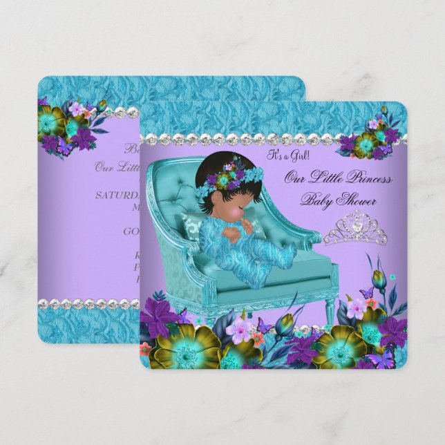 Convite Bebê Princesa Chuveiro Menina Roxo Turquesa Azul C (Frente/Verso)