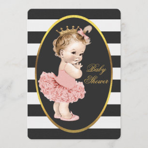 Convite Bebê Princesa em Tutu Black White Strips Dourado