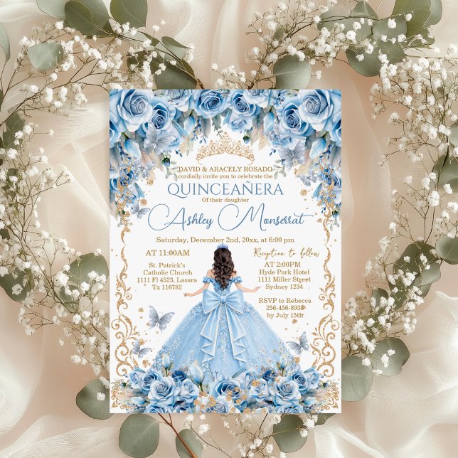 Convite Bebê Real Azul Coroa de Ouro Quinceañera (Criador carregado)