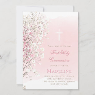 Convite bebê-respiração rosa aquarela Primeira Comunhão