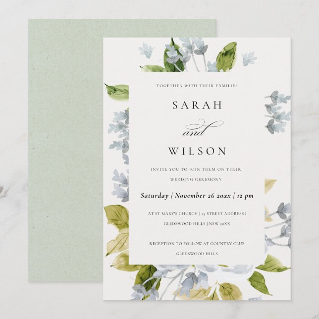 CONVITE BEBÊ ROMÂNTICO SUAVE CASAMENTO FLORÍVEL DE ÁGUA AZ (Frente/Verso)