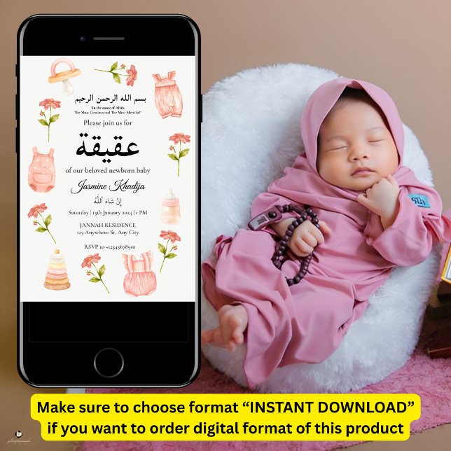Convite Bebê rosa Aqiqah Aqeqa Muçulmana (Criador carregado)