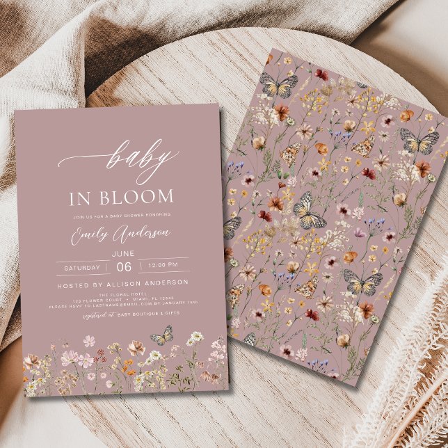 Convite Bebê rosa de flor selvagem em Chá de fraldas de sa (Criador carregado)