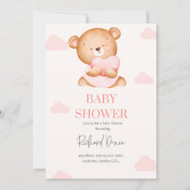 Convite bebê rosa elegante chá urso convidado